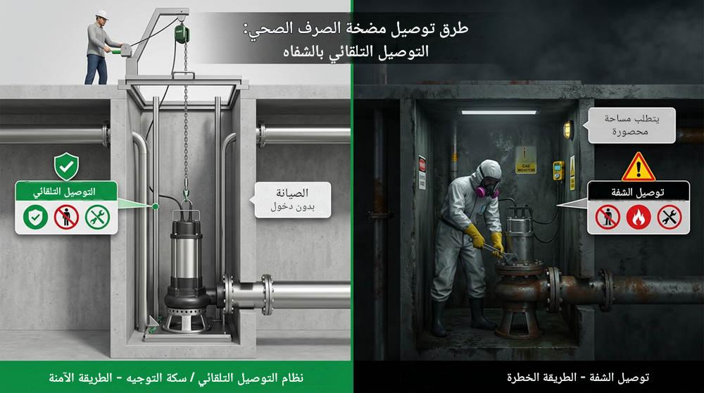 طرق توصيل مضخة الصرف الصحي: التوصيل التلقائي بالشفاه