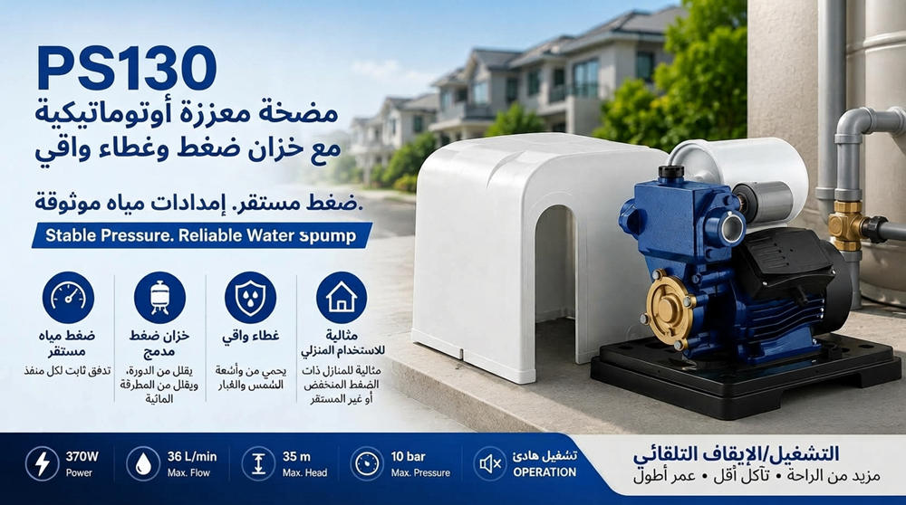 Stream PS130: مضخة تعزيز ضغط أوتوماتيكية بخزان وغطاء حماية Stream PS130: مضخة تعزيز ضغط أوتوماتيكية بخزان وغطاء حماية